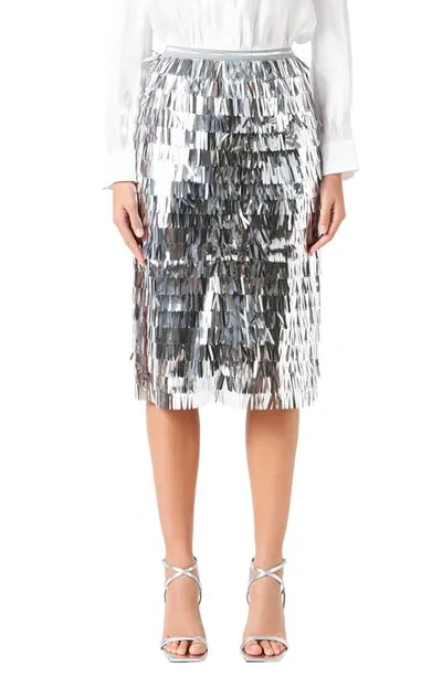 Endless Rose Tiered Fringe Metallic Midi Pencil Skirt In Silver