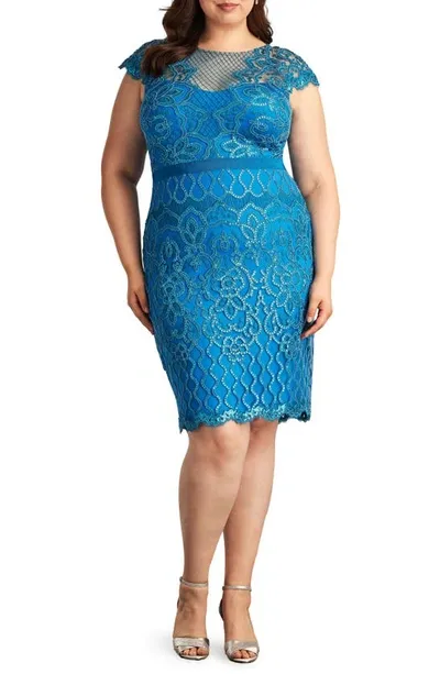 Tadashi Shoji Sequin Cap Sleeve Lace Dress In Deep Ocean