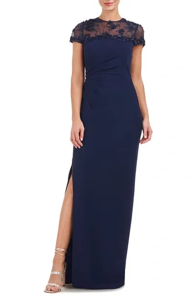 Js Collections Laney Rosette Embroidered Mesh Yoke Sheath Gown In Navy