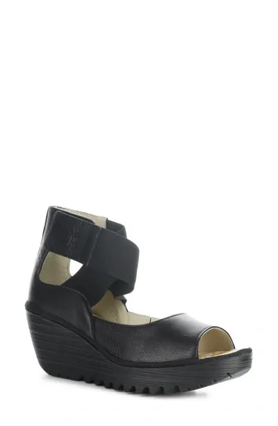 Fly London Yefi Platform Wedge Sandal In Black Mousse