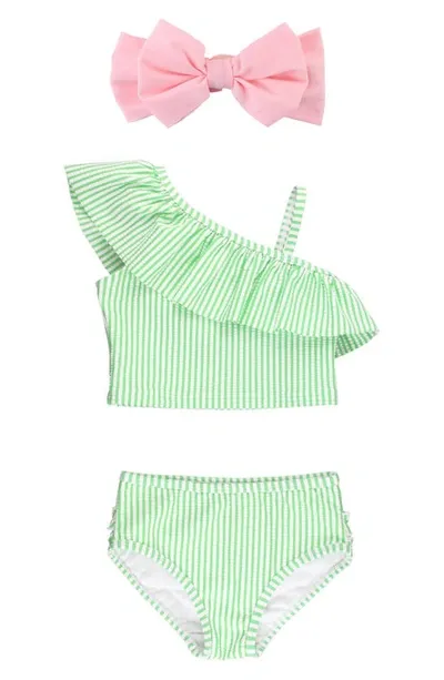 Rufflebutts Kids' Seersucker Two-piece Swimsuit & Headband Set In Green