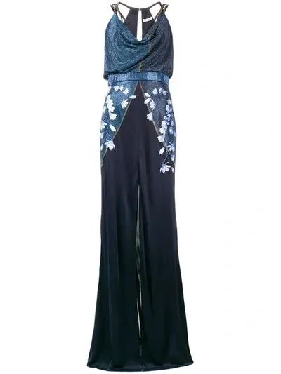 Versace Embellished Floral Long Dress In Blue