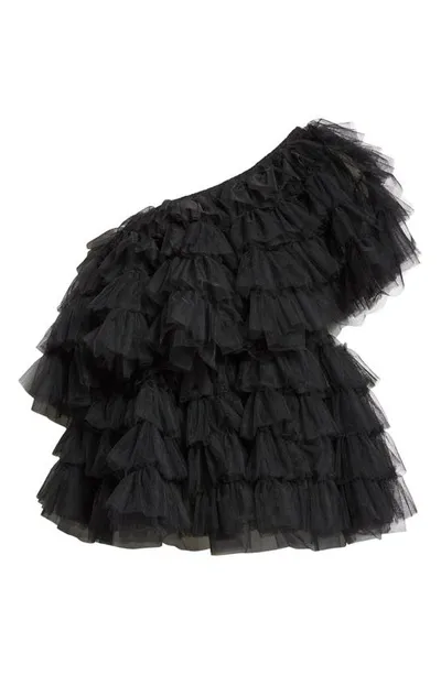 Molly Goddard Soft One-shoulder Tulle Peplum Top In Black