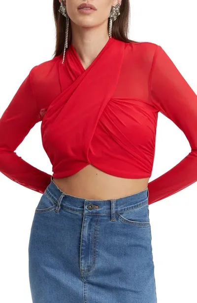 Bardot Aliyah Long Sleeve Crop Top In Fire Red