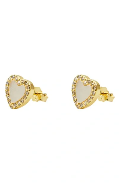 Argento Vivo Sterling Silver Pavé Mother-of-pearl Heart Stud Earrings In Gold