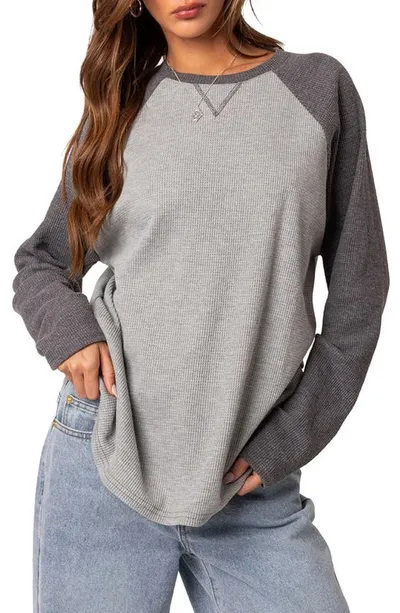 Edikted Me Time Oversize Raglan Sleeve Waffle Knit Top In Gray-melange