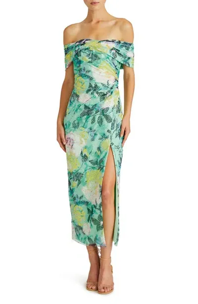 ml Monique Lhuillier Allie Floral Print Off The Shoulder Lace Midi Cocktail Dress In Pink