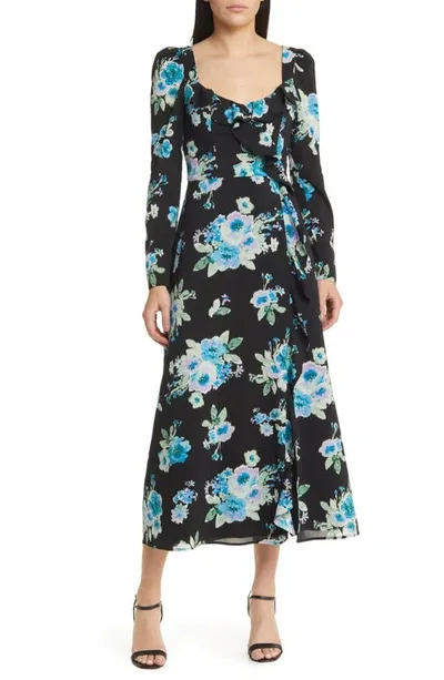 Charles Henry Floral Print Ruffle Long Sleeve Midi Dress In Black Floral