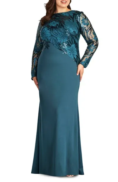 Tadashi Shoji Sequin Floral Jacquard Long Sleeve Gown In Navy