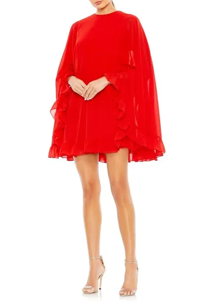 Ieena For Mac Duggal Ruffle Long Sleeve Capelet Cocktail Minidress In Red