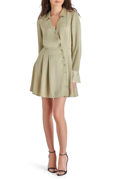 Steve Madden Charlee Asymmetric Button Long Sleeve Satin Mini Shirtdress In Latte