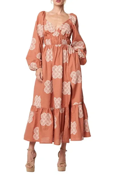 Ciebon Serbita Medallion Embroidery Long Sleeve Cotton & Linen Midi Dress In Jasper