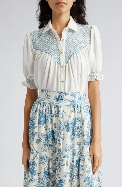 Loretta Caponi Milvia Smocked Crepe Shirt In White Crepe