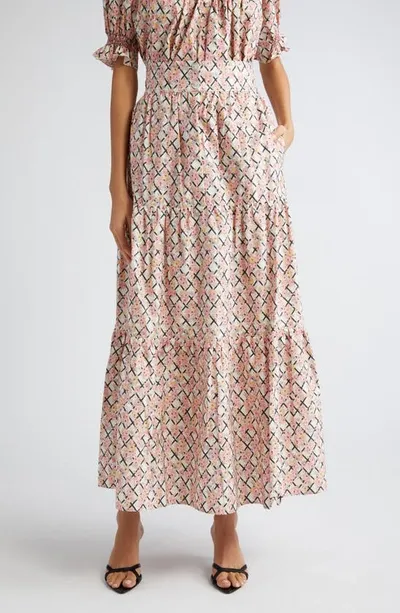 Loretta Caponi Nuvola Floral Tiered Crepe Maxi Skirt In Pergola Of Roses