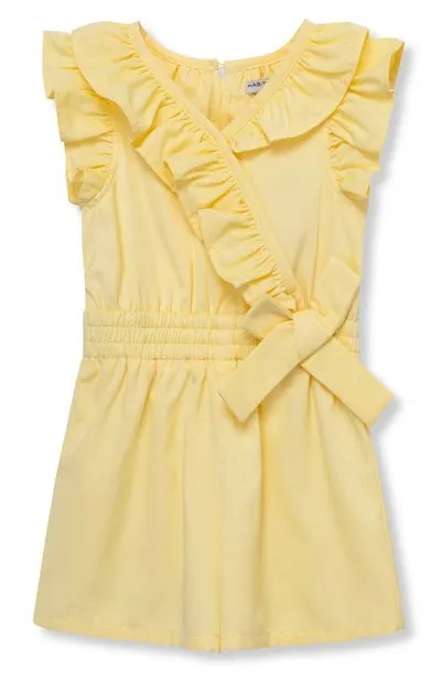 Habitual Kids' Girl's Ruffled Twill Mock-wrap Romper In Yellow