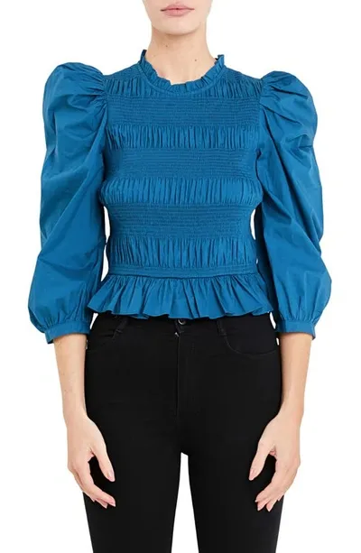 English Factory Smocked Puff Shoulder Poplin Top In Teal Blue