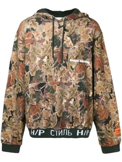 Heron Preston Leaf-print Cotton-jersey Hoodie In Brown