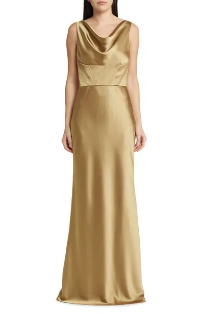 Amsale Cowl Neck Corset Satin Gown In Gold