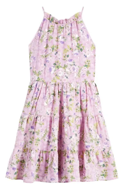 Ava & Yelly Kids' Floral Sequin Tiered Dress In Lilac