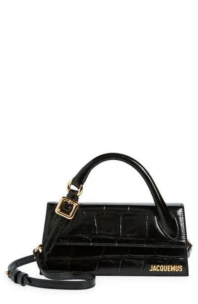 Jacquemus Le Chiquito Long Croc Embossed Leather Crossbody Bag In Black