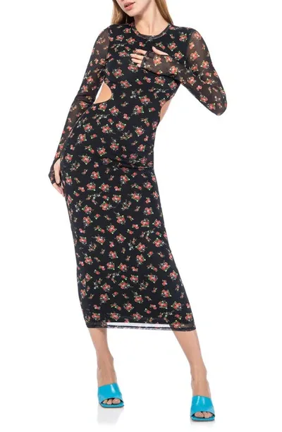 Afrm Janet Floral Cutout Long Sleeve Mesh Midi Dress In Black