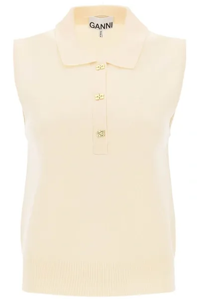 Ganni Sleeveless Polo Shirt In Wool And Cashmere In Beige