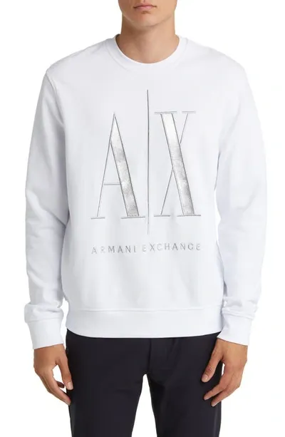 Armani Exchange Embroidered Metallic Icon Logo Sweatshirt In White