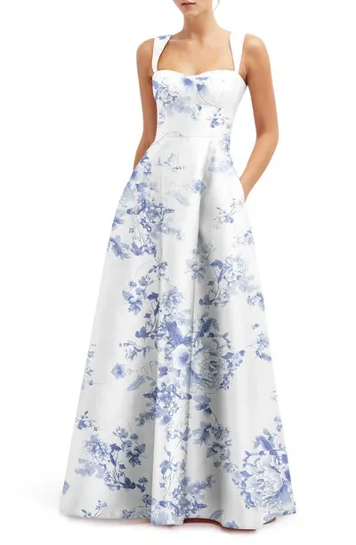 Alfred Sung Floral Lace Up A-line Gown In Cottage Rose-larkspur Print