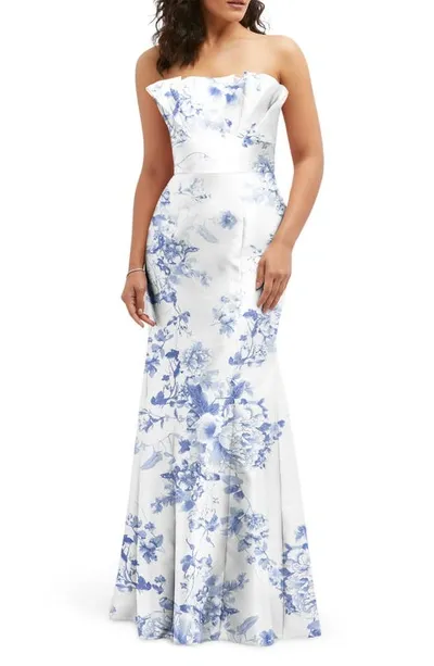 Alfred Sung Floral Ruffle Strapless Trumpet Gown In Cottage Rose-larkspur Print