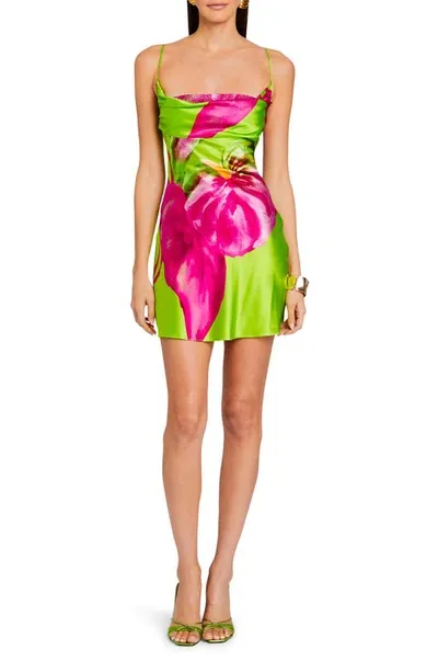 Retroféte Azura Floral Stretch Silk Mini Slipdress In Lime Anthurium