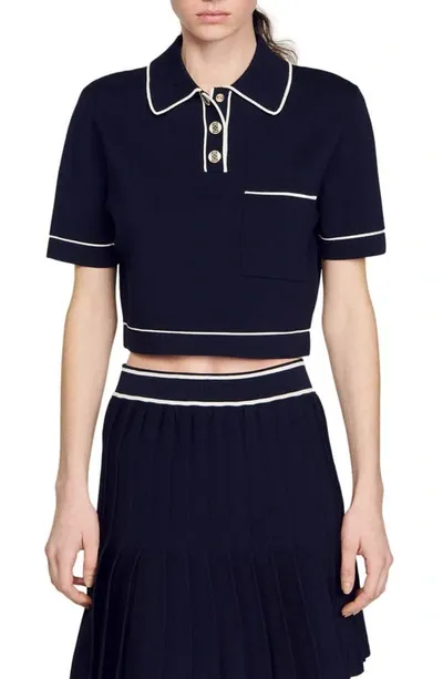 Sandro High Short Sleeve Crop Polo Sweater In Deep Blue