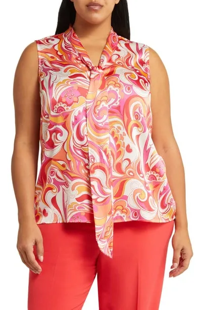 Tahari Swirl Print Sleeveless Tie Neck Top In Pink Swirl