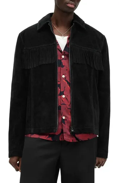 Allsaints Warren Suede Fringe Trimmed Full Zip Western Jacket In Black