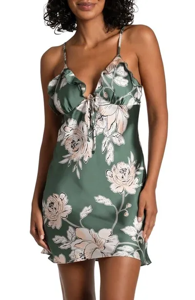 Midnight Bakery Fiji Floral Print Ruffle Trim Satin Chemise In Green