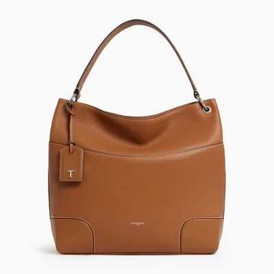 Le Tanneur Romy Large Smooth And Grained Leather Hobo Bag In Brown