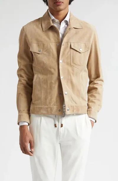 Eleventy Suede Trucker Jacket In Camel