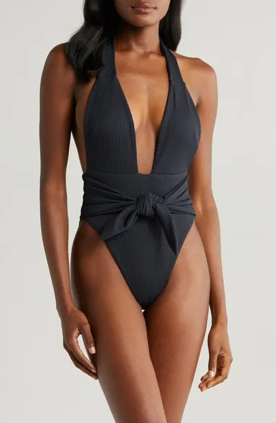 Montce Tropez Tie Waist Halter One-piece Swimsuit In Black Rib