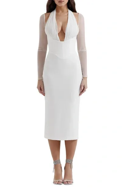 House Of Cb Yasmin Long Sleeve Body-con Midi Cocktail Dress In White