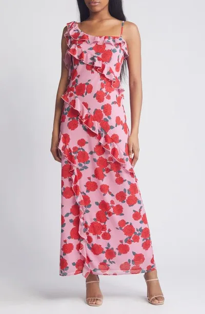 Wayf Rosaline Ruffled Asymmetric Maxi Dress In Pink Roses