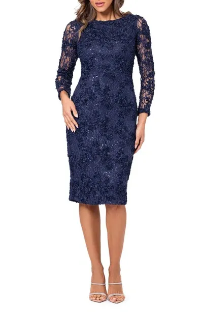 Xscape Floral Long Sleeve Sequin Lace Cocktail Dress In Navy