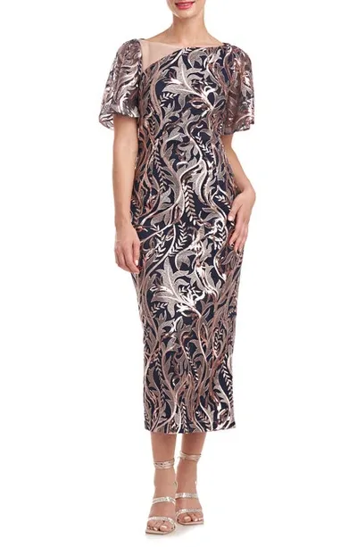 Js Collections Merlina Sequin Embroidered Cocktail Midi Dress In Navy Rose Gold