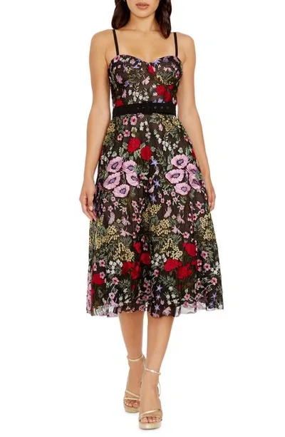 Dress The Population Carlita Floral Embroidery Bustier Midi Dress In Rouge Multi