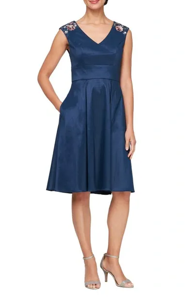 Alex Evenings Floral Sequin Shoulder A-line Dress In Navy