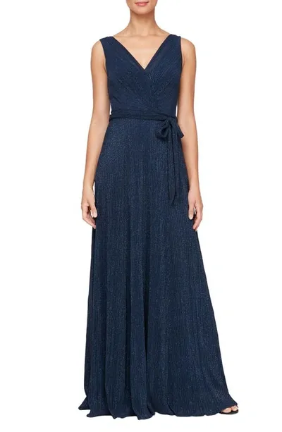 Alex Evenings Tie Waist Metallic Sleeveless Gown In Navy