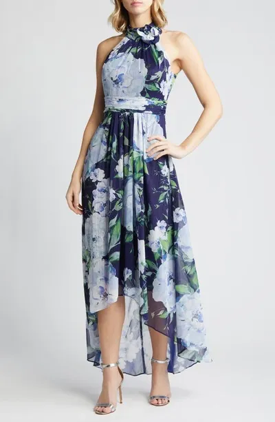 Eliza J Floral Chiffon High-low Midi Dress In Blue