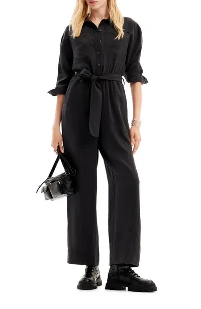 Desigual Carry Tie Waist Long Sleeve Jumpsuit In Black