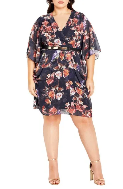 City Chic Floral Print Belted Faux Wrap Dress In Navy Night Bouquet