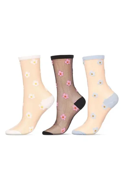 Memoi Daisy Assorted 3-pack Sheer Crew Socks In Black-white-gray