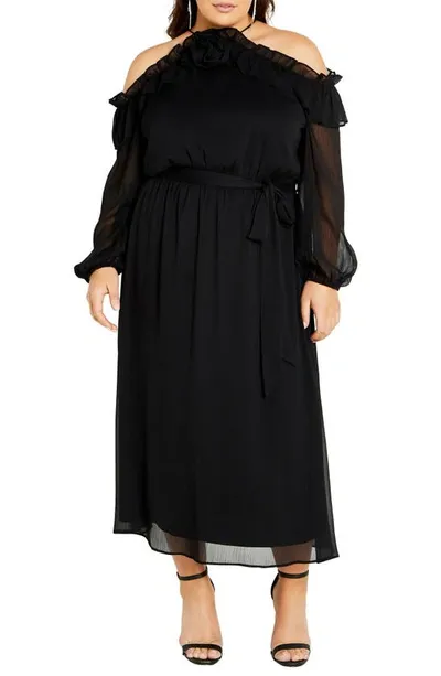 City Chic Nikita Rosette Tie Waist Cold Shoulder Long Sleeve Chiffon Midi Dress In Black