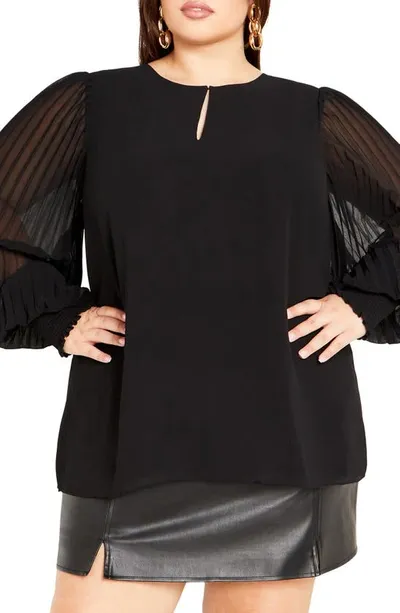 City Chic Katalina Cutout Pleated Sleeve Top In Black